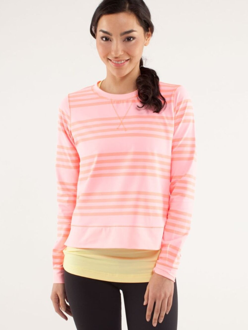 Lululemon Size 8 Coral Stripe Long Sleeve Back Zip Run: Warm Up Crew Top